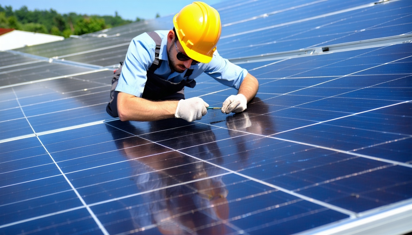 Electrician inspecting solar panels and grounding connections