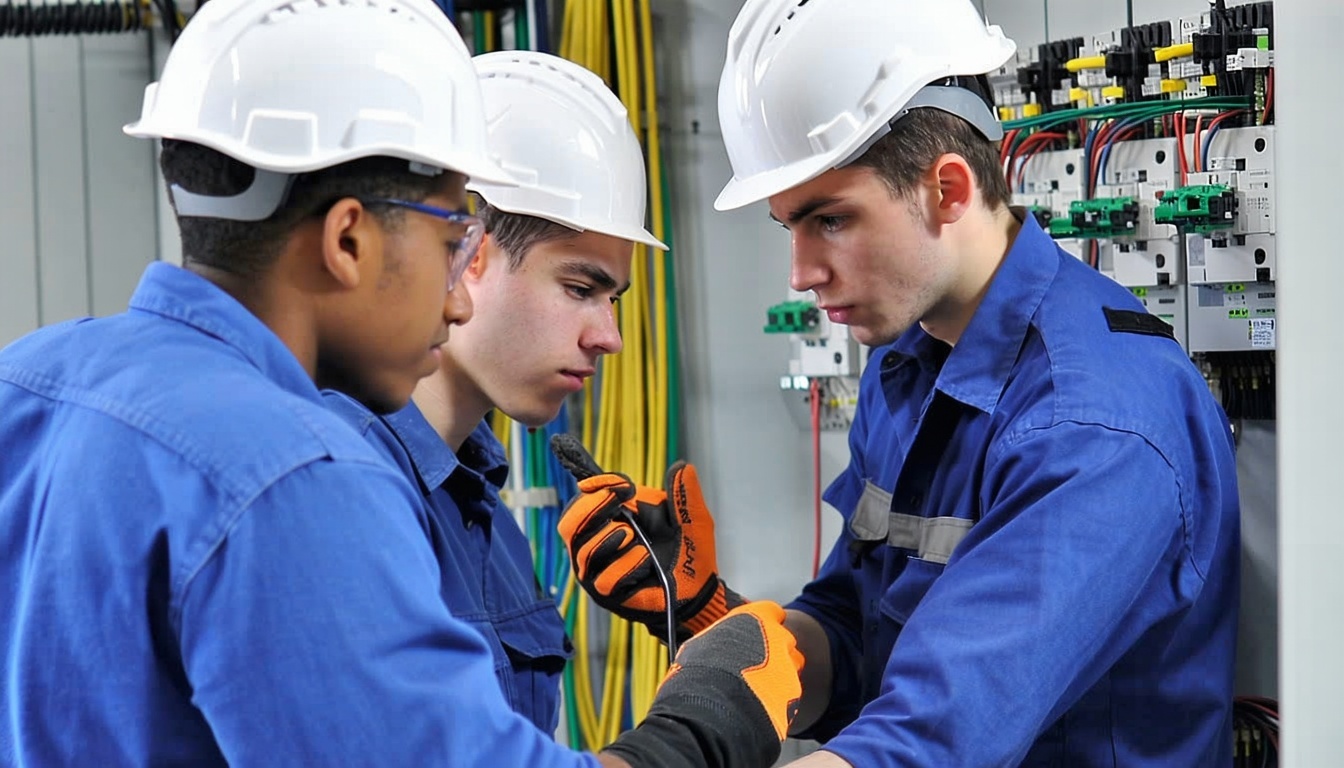 A group of apprentices engaged in hands-on electri