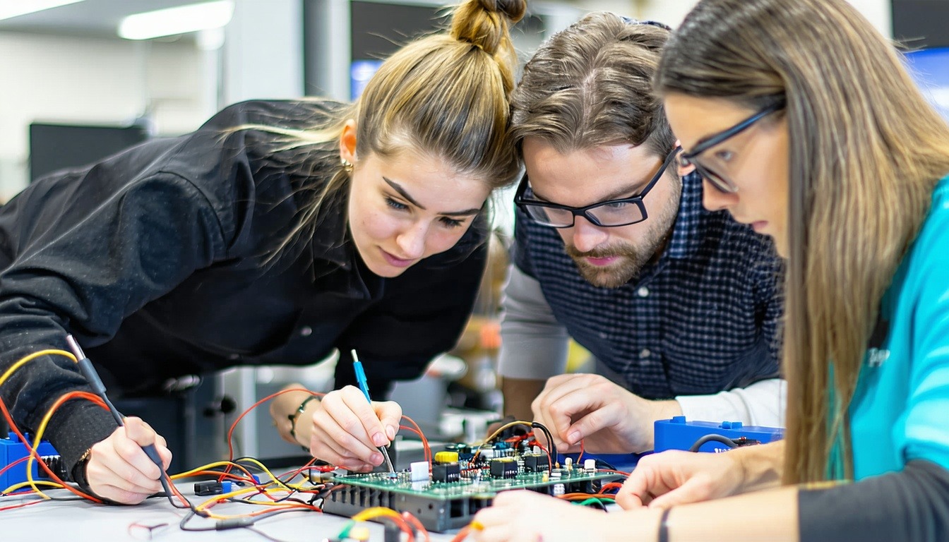 A group of students in a workshop, attentively wor