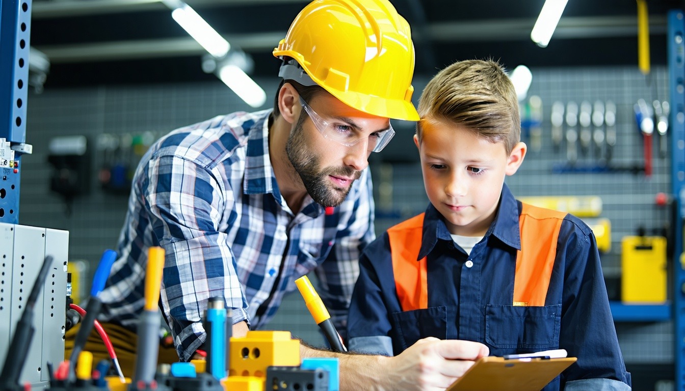 An experienced electrician mentoring a younger app