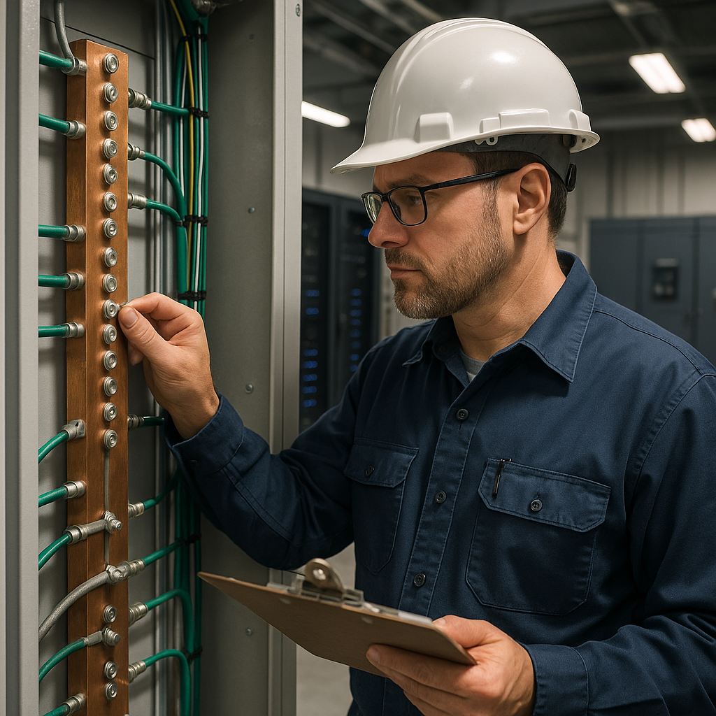 Licensed electrician inspecting copper grounding b